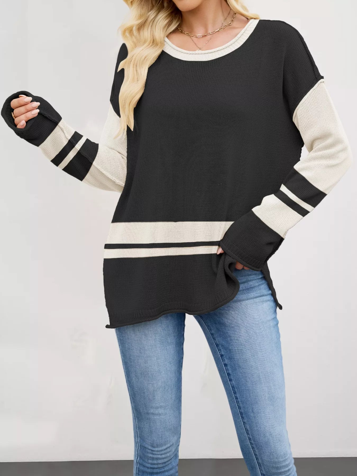 Color Block Side Slit Sweater OutfitFlow