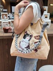 Embroidered Cat Drawstring Handbag Trendsi