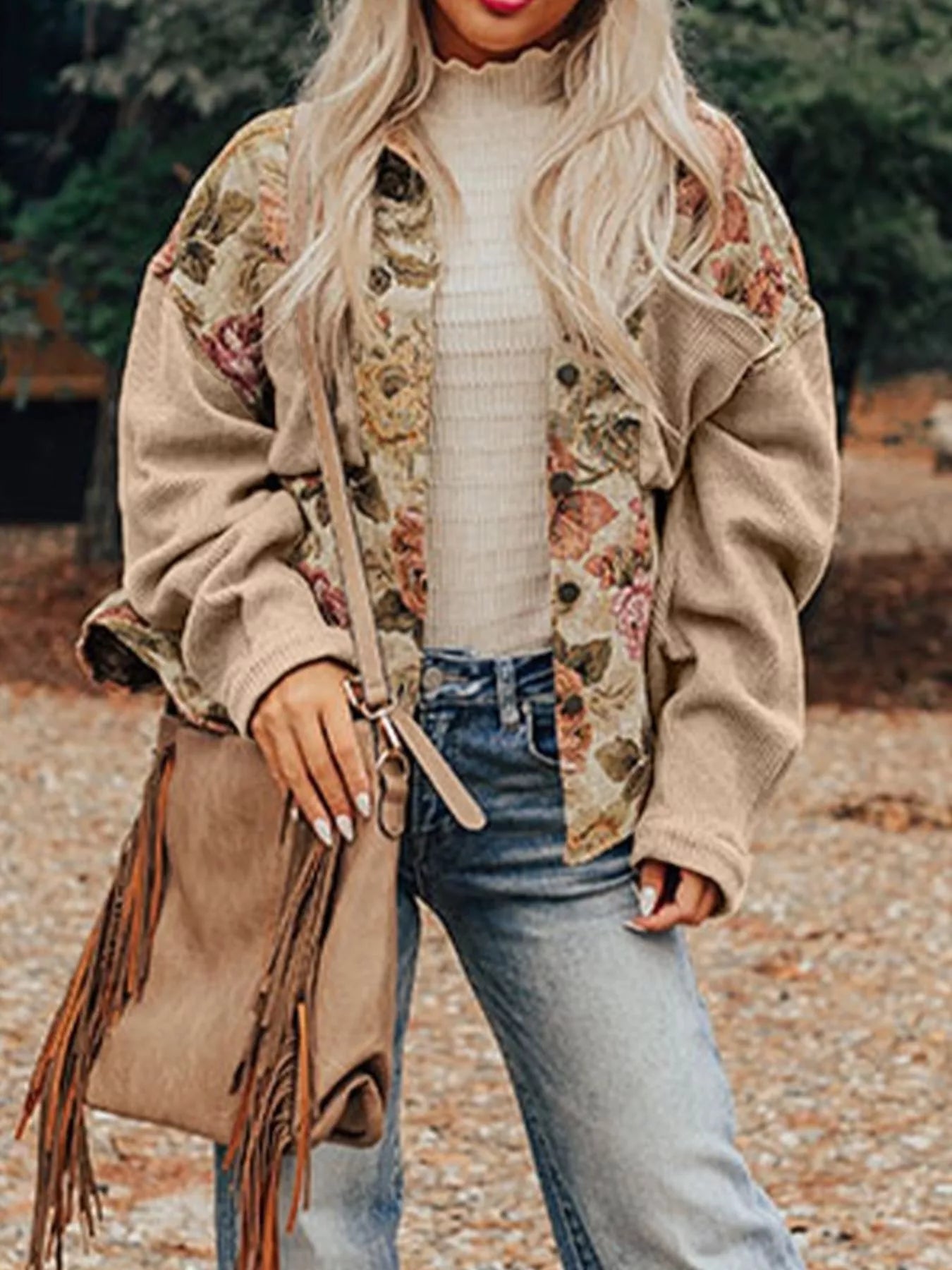 Floral Waffle Knit Patchwork Chest Pockets Buttoned Jacket OutfitFlow
