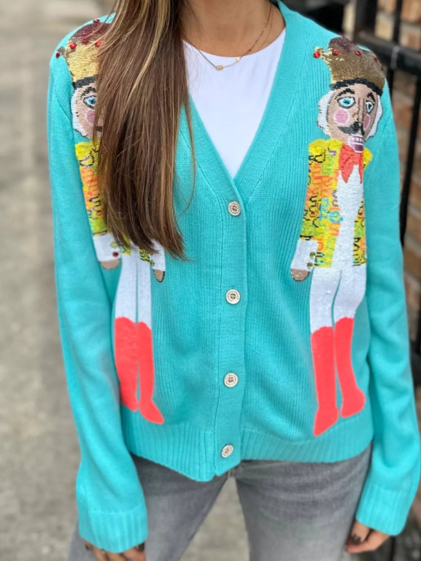 Nutcracker Ribbed Hem V-Neck Cardigan Trendsi