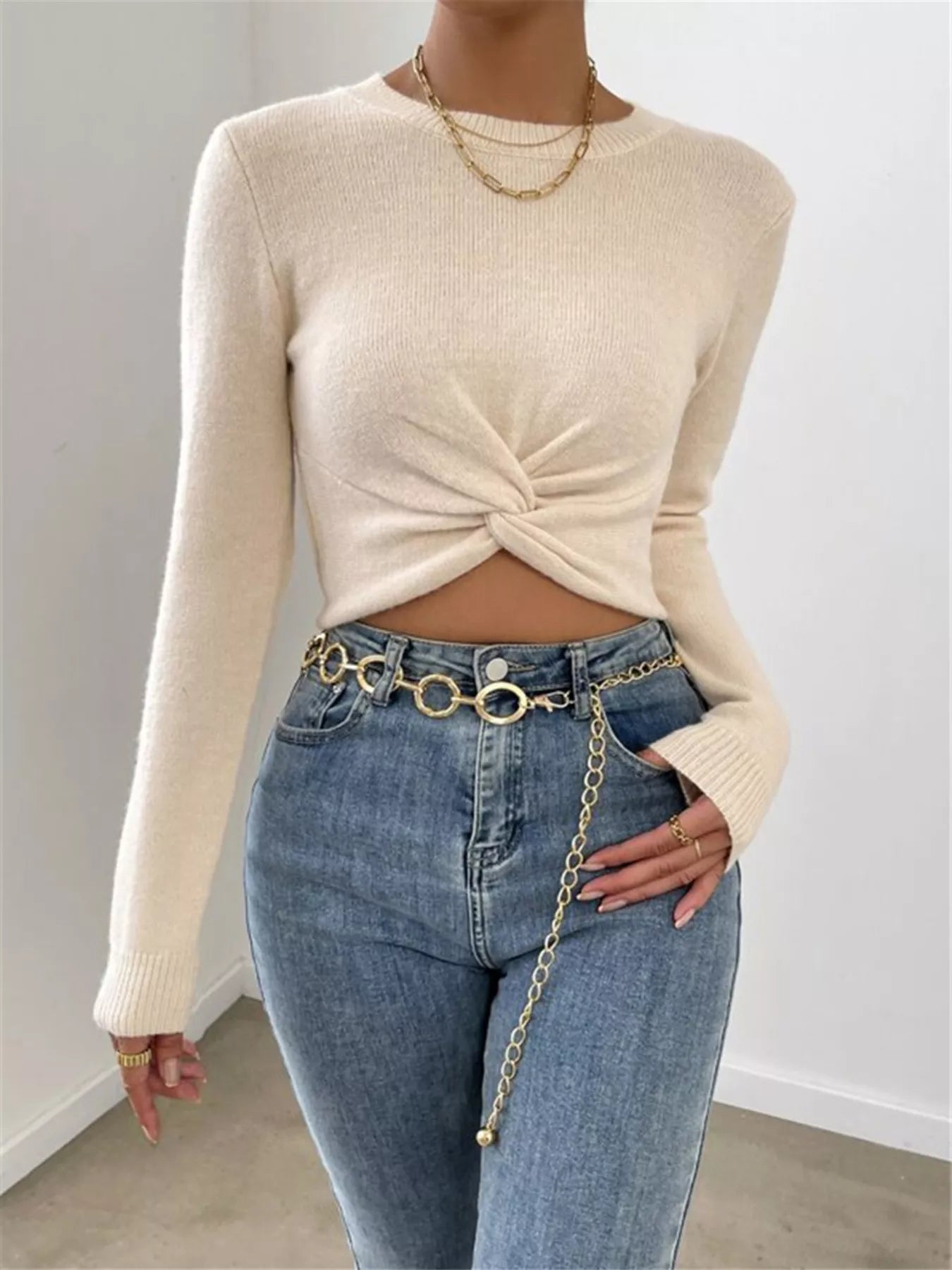 Twisted Front Cropped Knit Top OutfitFlow