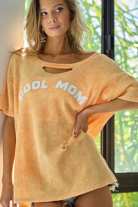 BiBi Washed Laser Cut Detail Cool Mom Print Thermal Top OutfitFlow