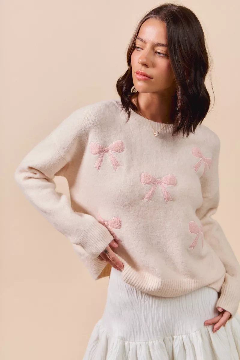 SO ME Embroidered Ribbon Round Neck Sweater OutfitFlow