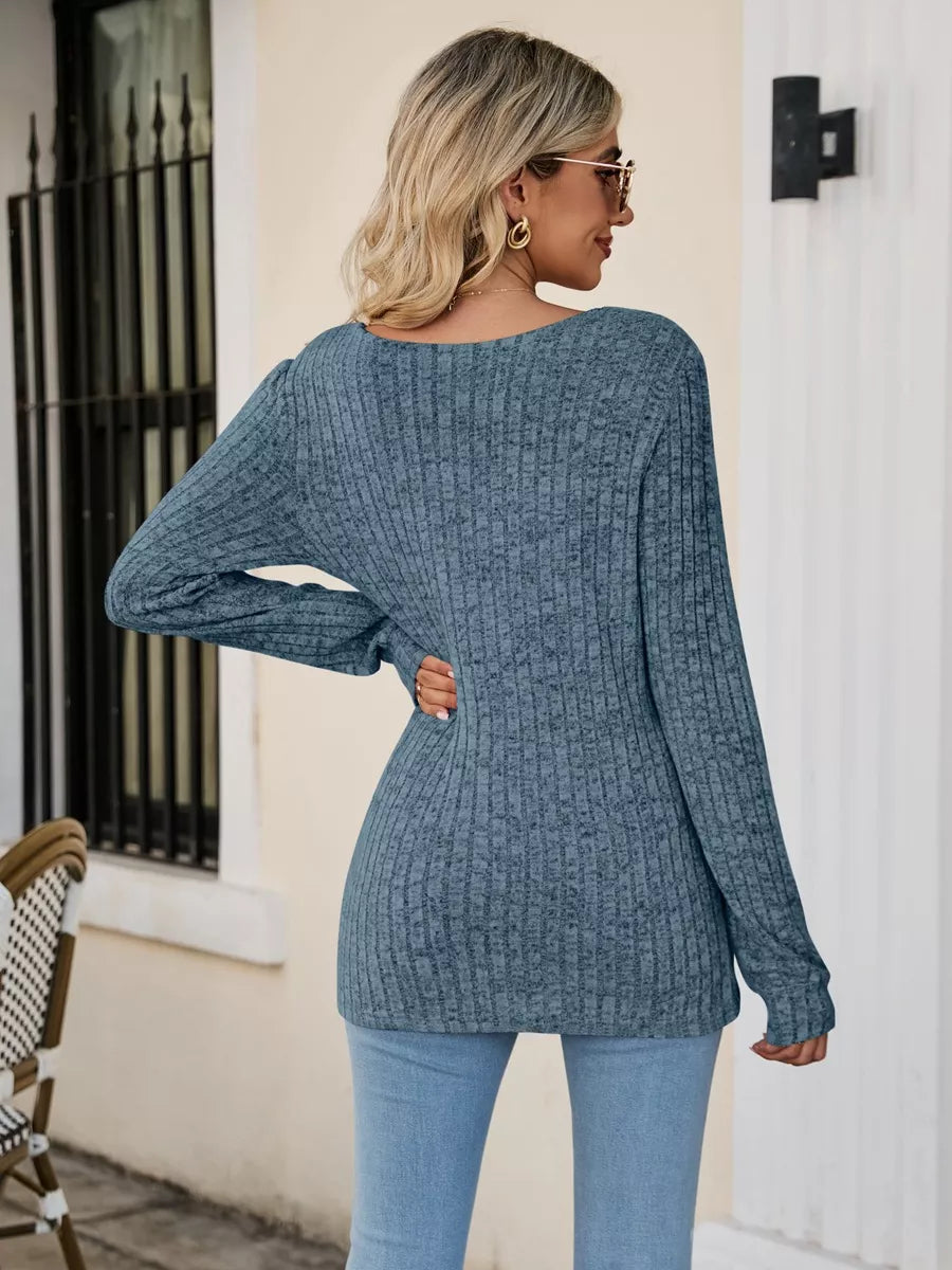 Ribbed Square Neck Long Sleeve T-Shirt Trendsi