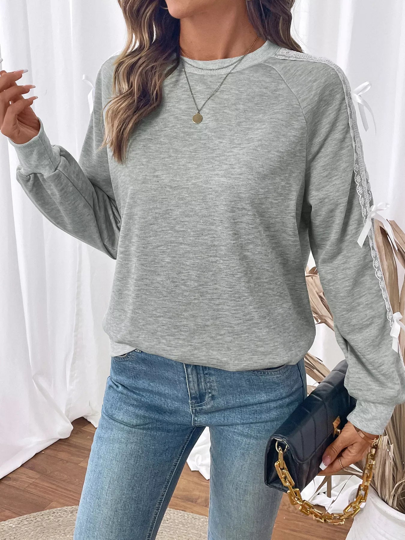 Lace Detail Round Neck Sweatshirt OutfitFlow