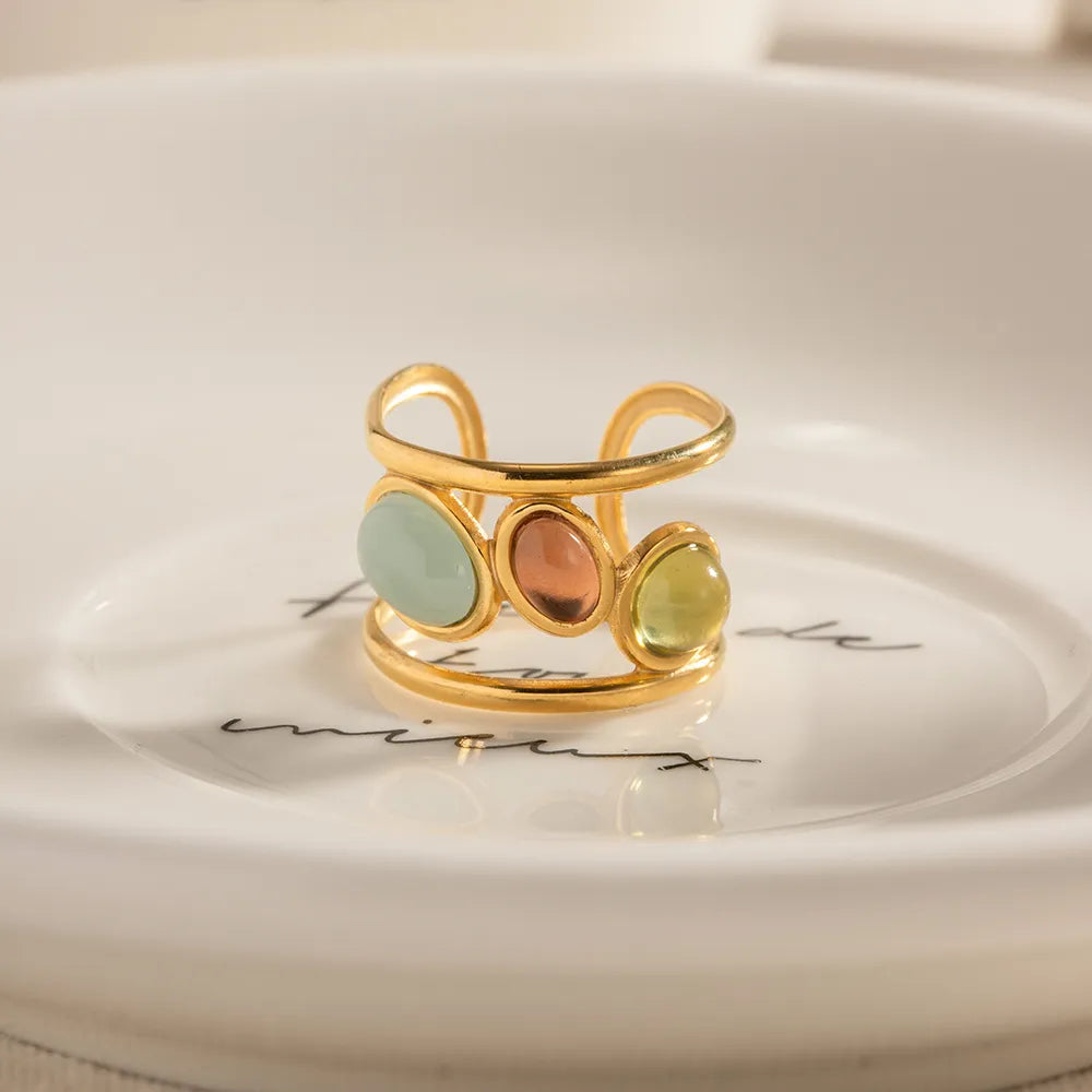 18K Gold-Plated Gemstone Open Cuff Ring OutfitFlow