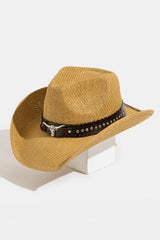 Fame Studded Bull Head Strap Straw Western Cowboy Hat Khaki One Size OutfitFlow