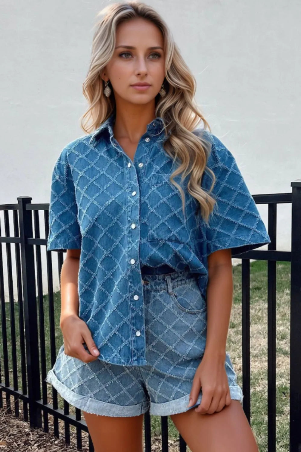 Pocketed Collared Neck Short Sleeve Denim Shirt OutfitFlow
