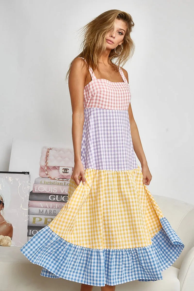 BiBi Color Block Tiered Gingham Dress OutfitFlow