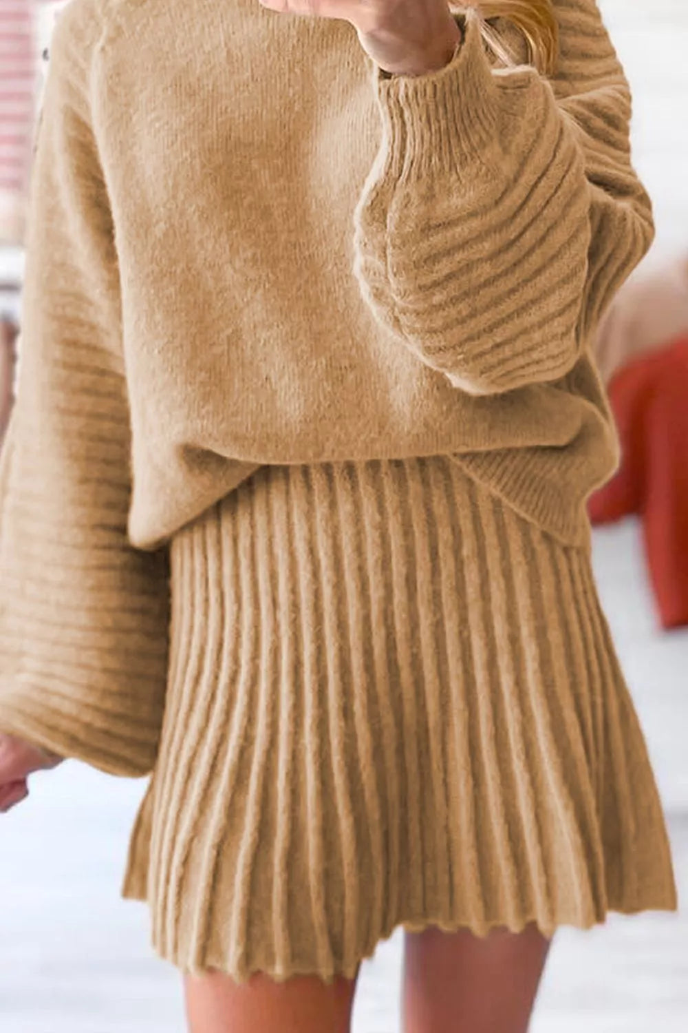 Ribbed Knit Long Sleeve Top and Skirt Sweater Set OutfitFlow