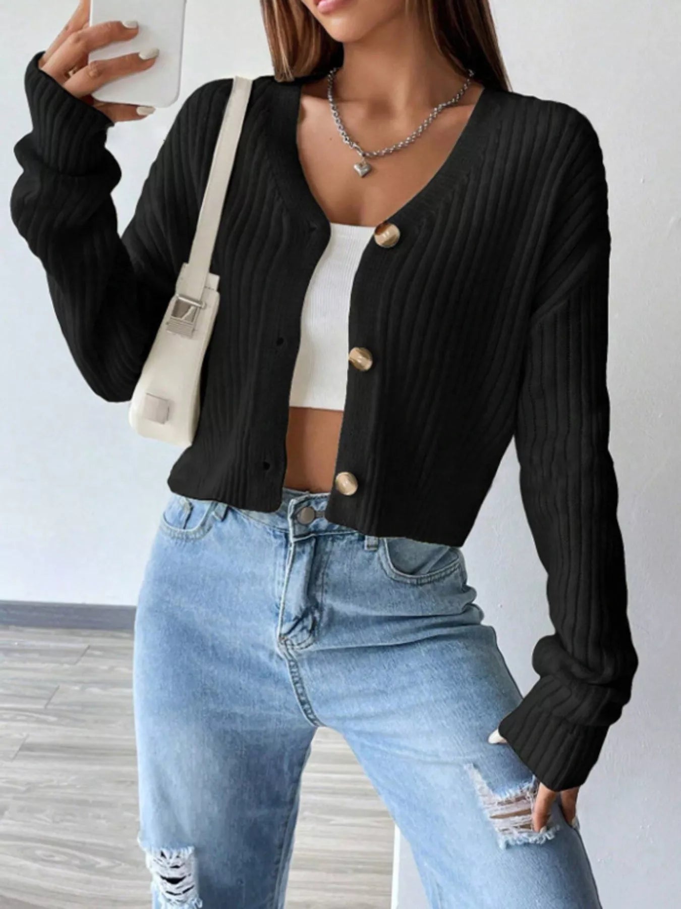 V-Neck Button-Up Cardigan OutfitFlow