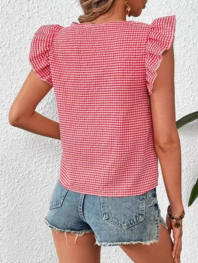 Ruffle Sleeve Gingham Square Neck Top OutfitFlow