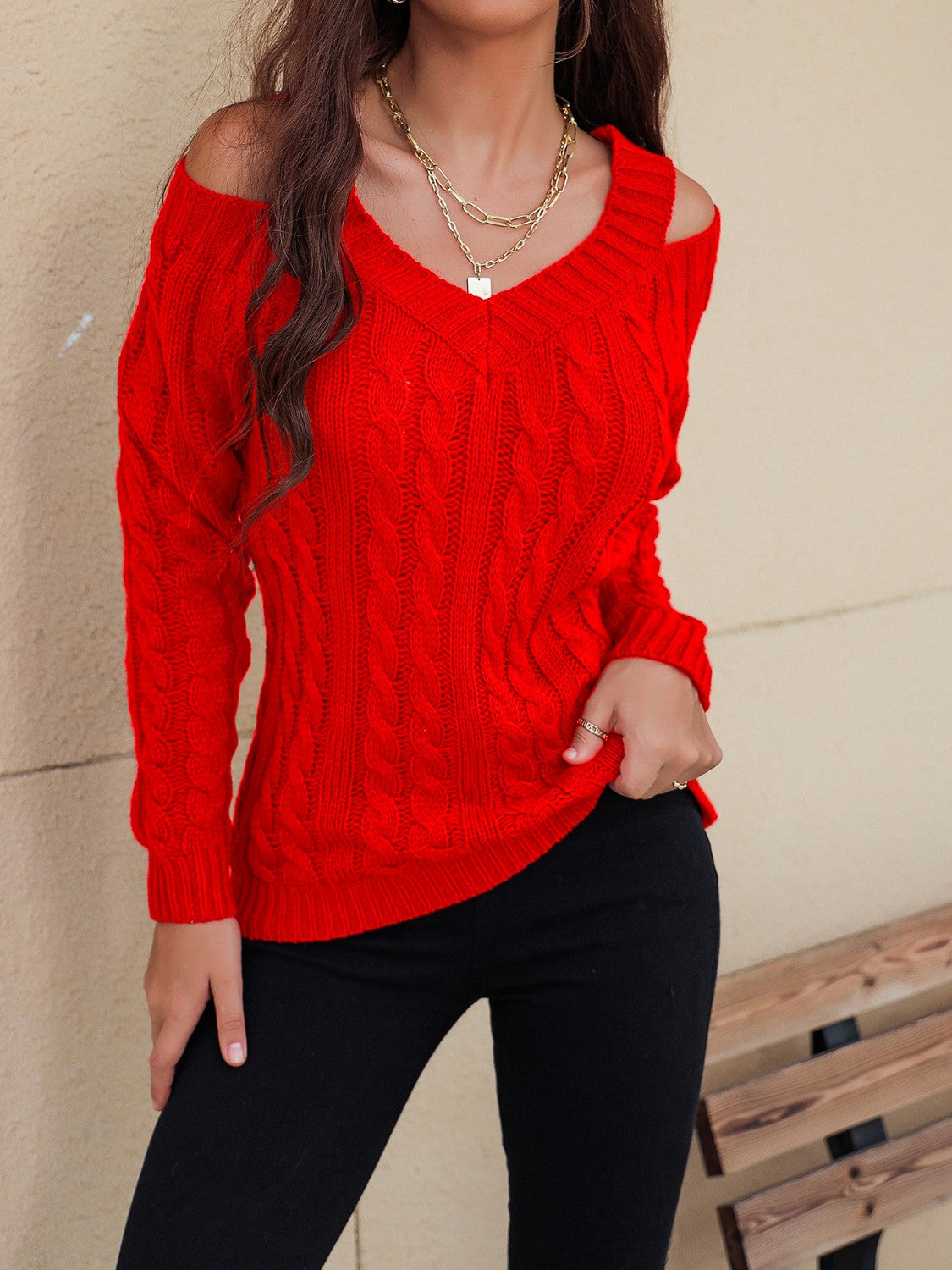 Outfit Flow - Honey Cable-Knit V-Neck Cold Shoulder Sweater