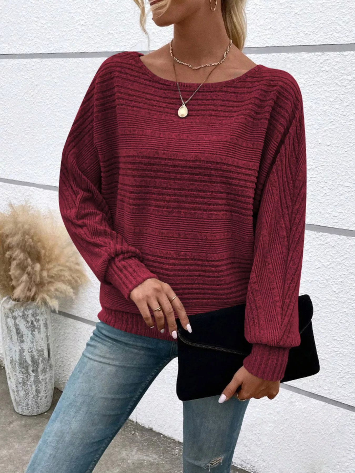 Ribbed Round Neck Long Sleeve Top OutfitFlow
