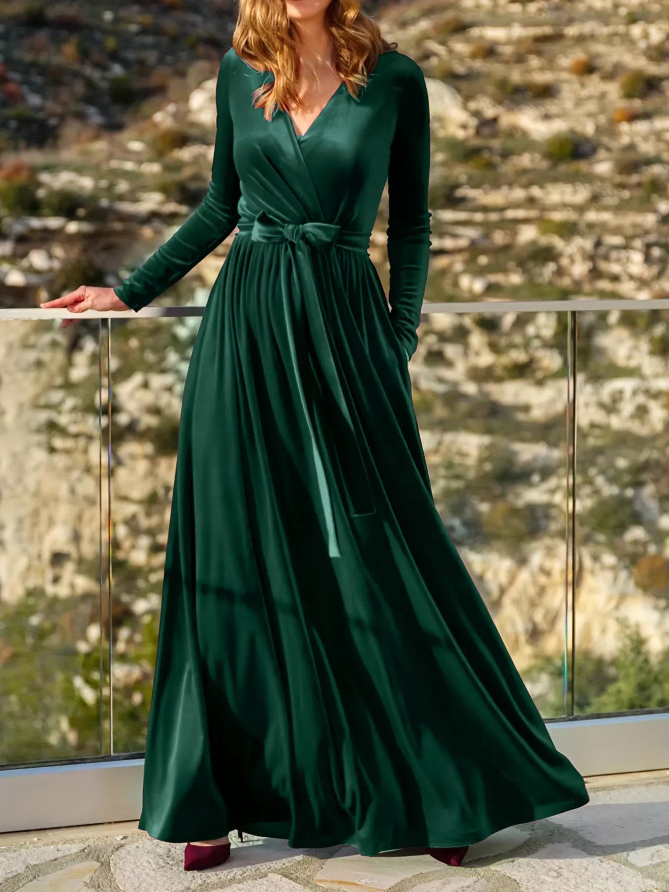 Velvet Long Sleeve Maxi Dress Dark Green OutfitFlow