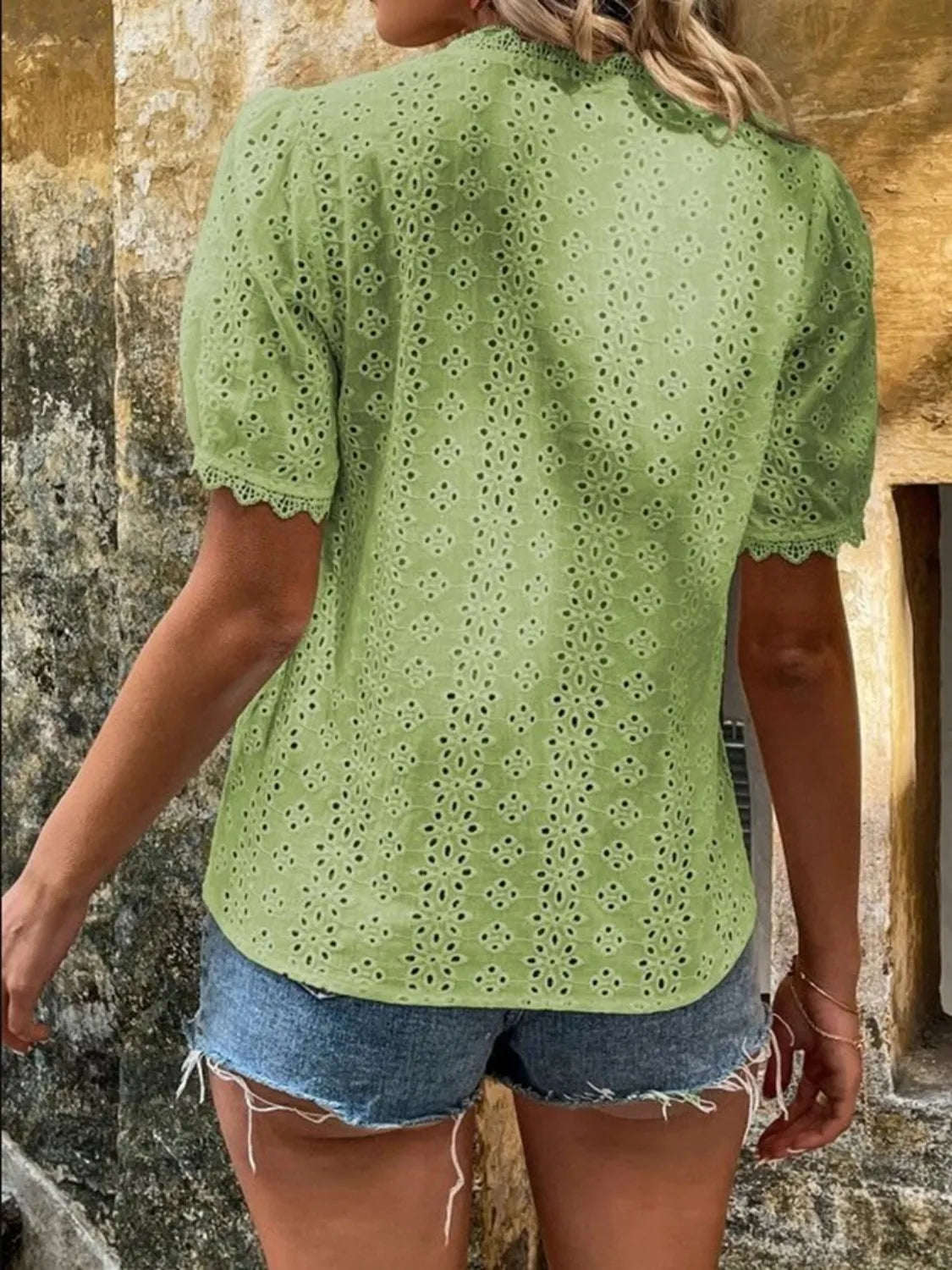 Full Size Lace Detail Eyelet V-Neck Short Sleeve Blouse Plus Size OutfitFlow