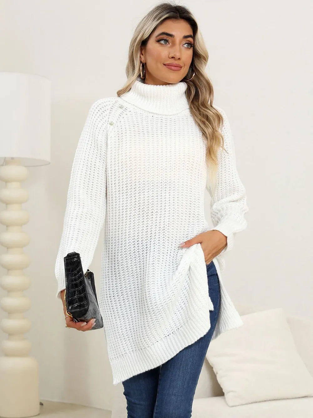 Slit Turtleneck Long Sleeve Sweater OutfitFlow