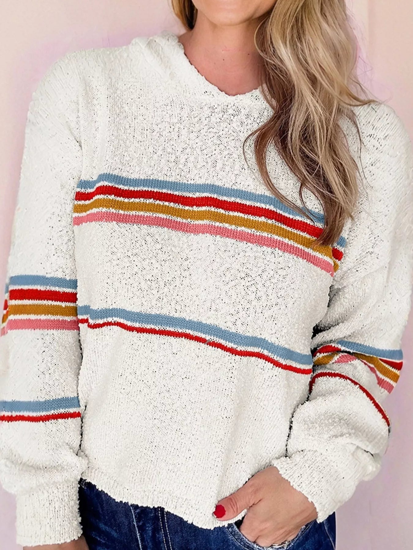 Multicolored Striped Accent Hooded Popcorn Sweater OutfitFlow