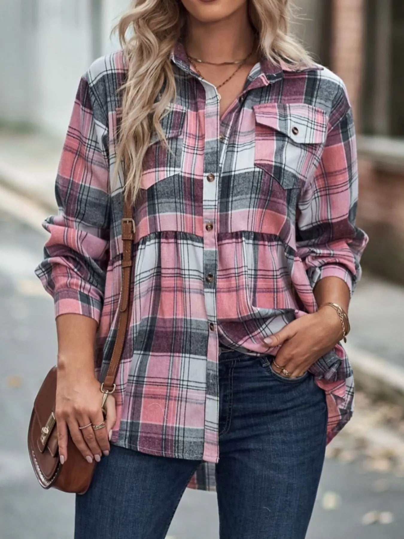 Plaid Button-Down Long Sleeve Shirt Dusty Pink OutfitFlow