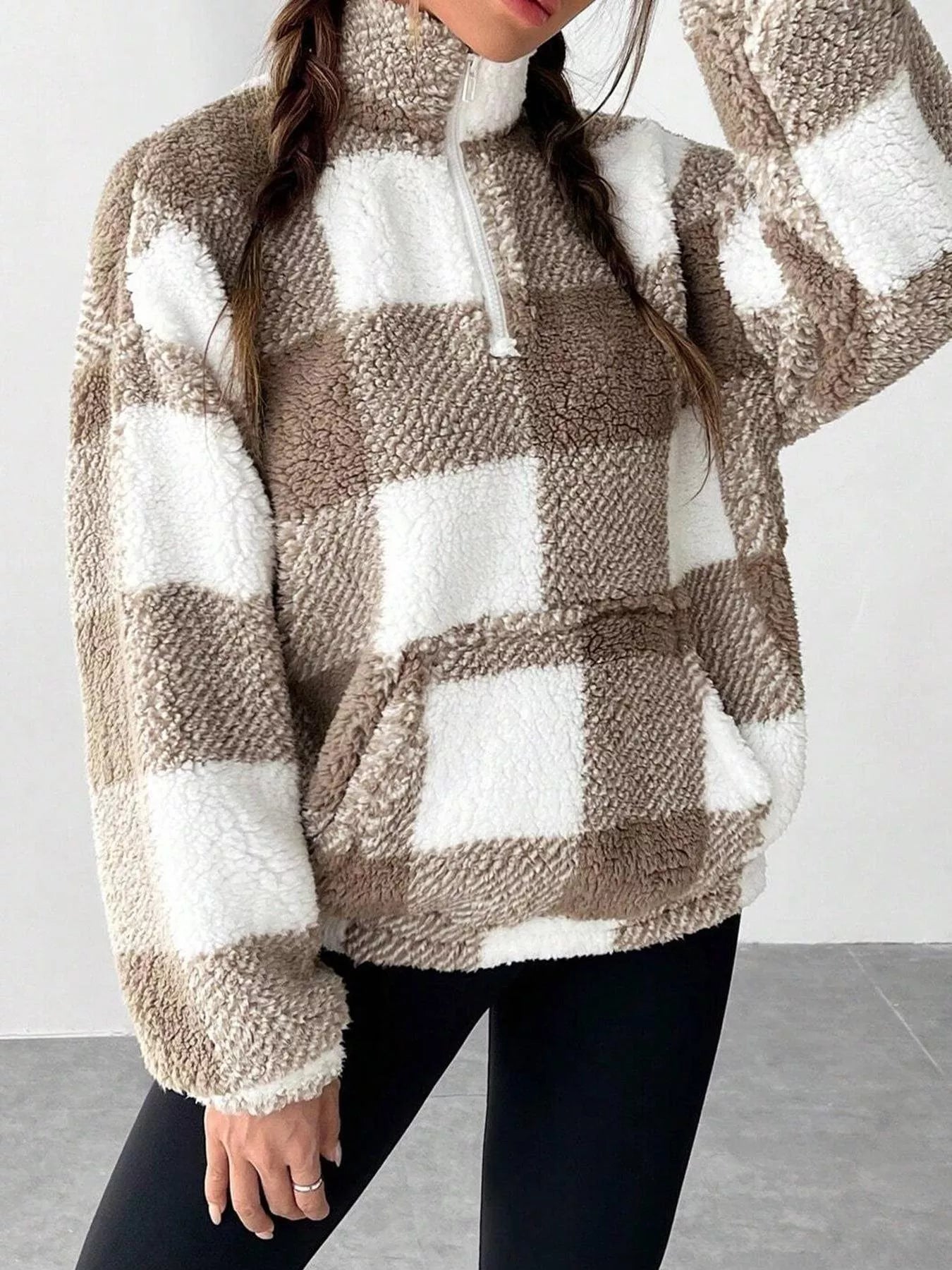 Full Size Plaid Sherpa Long Sleeve Sweatshirt Plus Size OutfitFlow