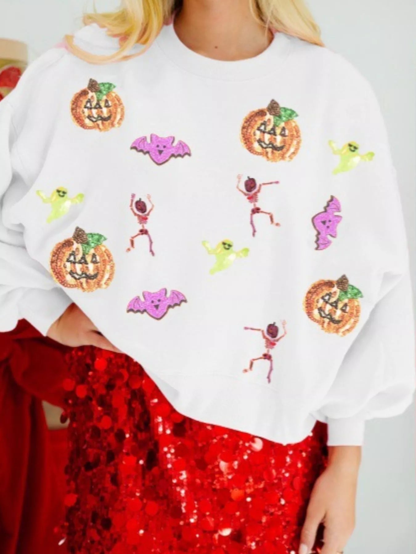 Halloween Sequin Round Neck Long Sleeve Sweatshirt White OutfitFlow