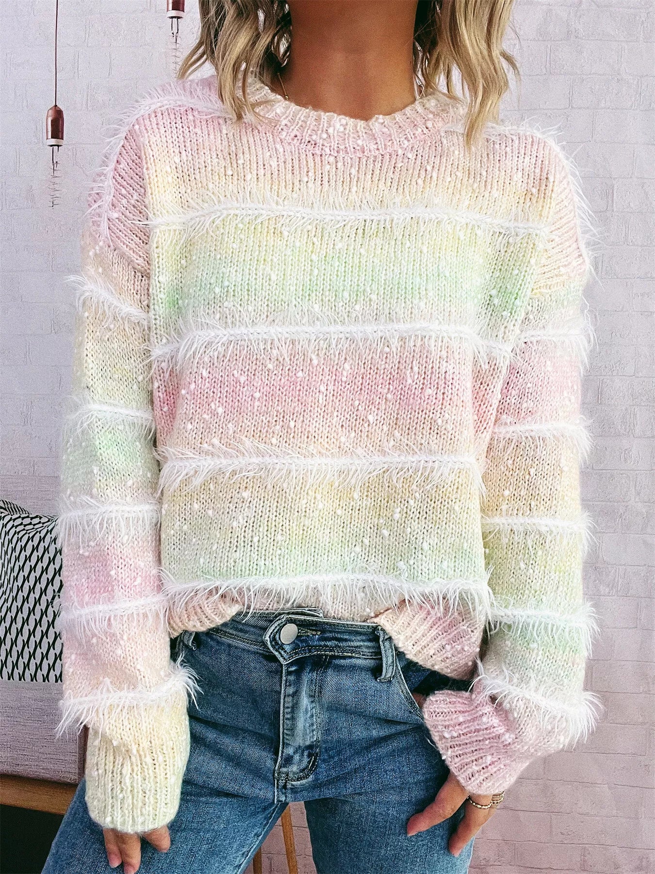 Gradient Striped Round Neck Sweater OutfitFlow