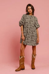 BiBi Leopard Denim Dress With Back Contrast Tie Detail OutfitFlow