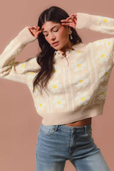 SO ME Floral Stripe Polo Collar Sweater OutfitFlow