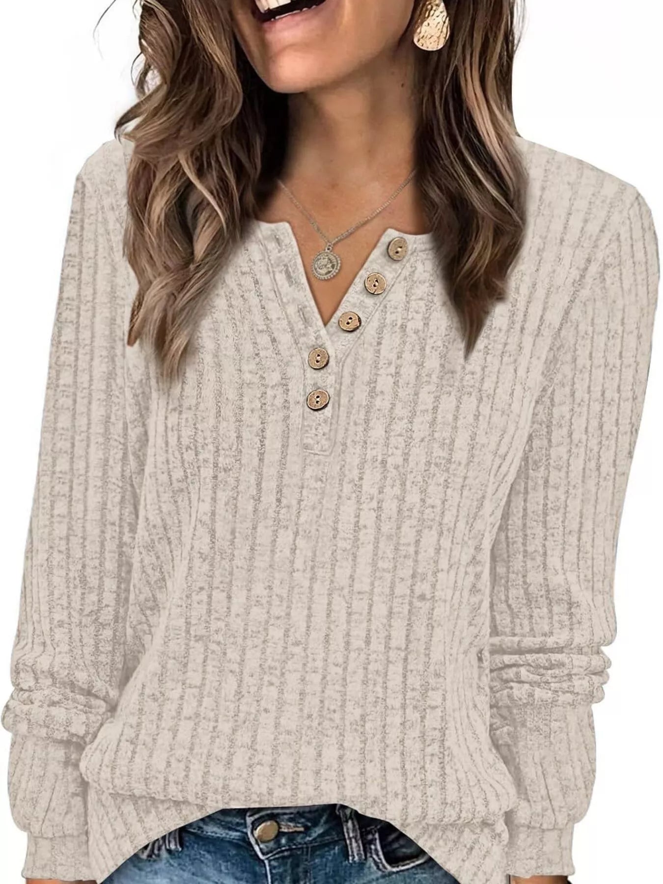 Ribbed Knit Button-Front Long Sleeve T-Shirt OutfitFlow