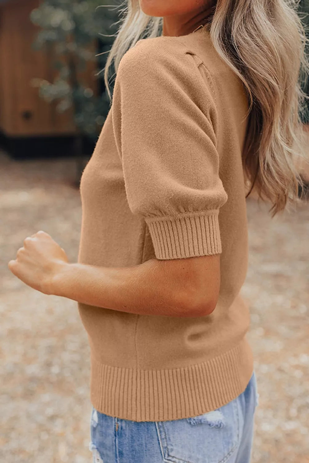 Knit Short Puff Sleeve Sweater OutfitFlow