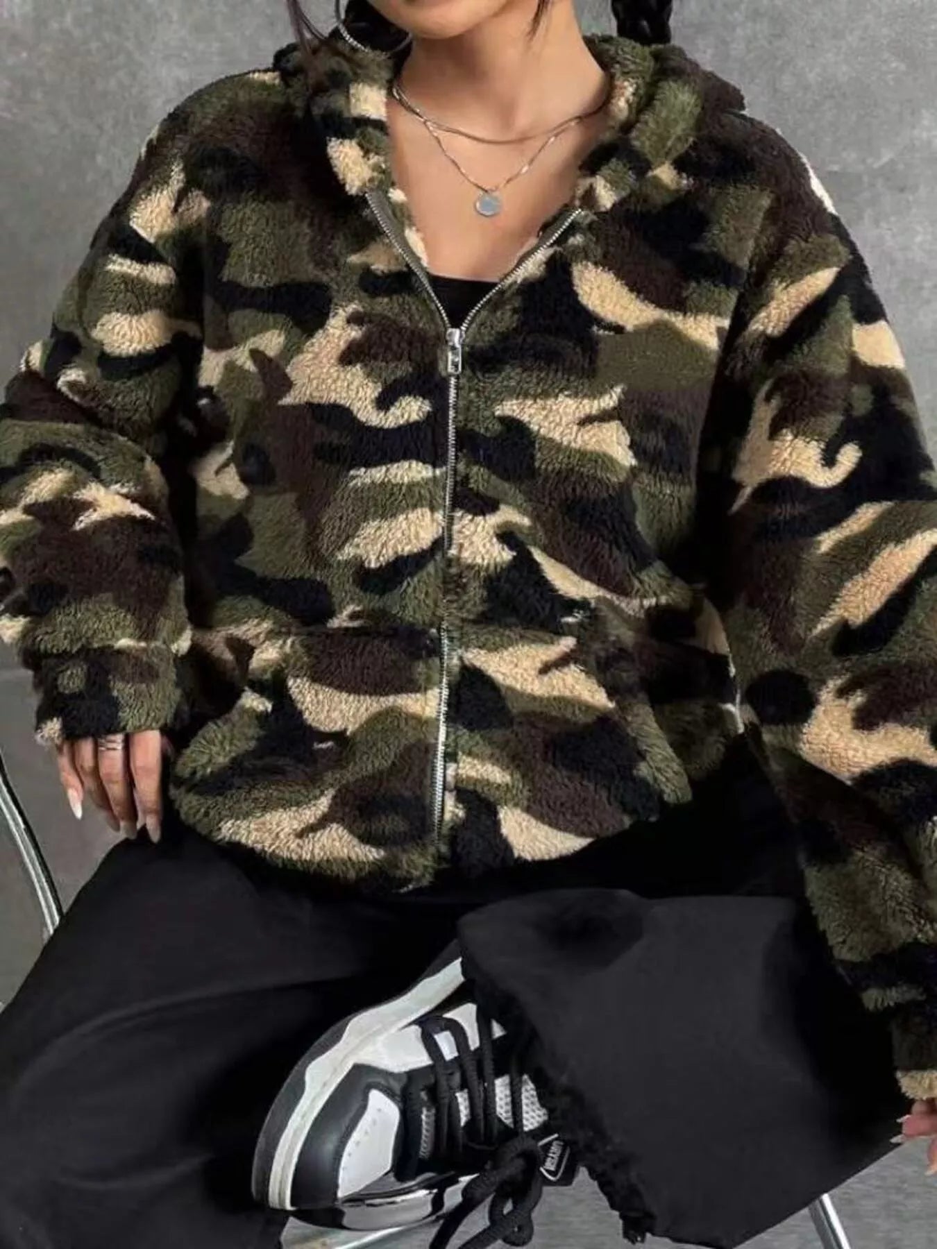 Camo Print Fuzzy Zip Up Outerwear OutfitFlow