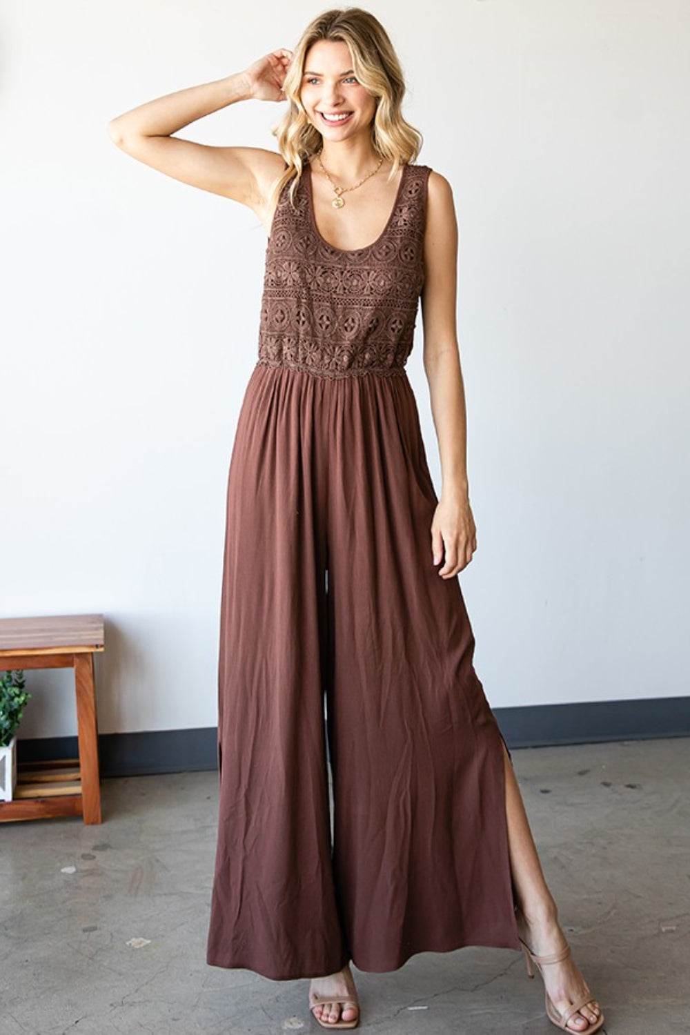 Outfit Flow - First Love Tie Back Sleeveless Slit Wide Leg Jumpsuit