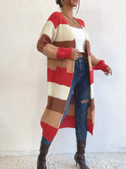 Striped Color Block Open Front Knit Cardigan Trendsi