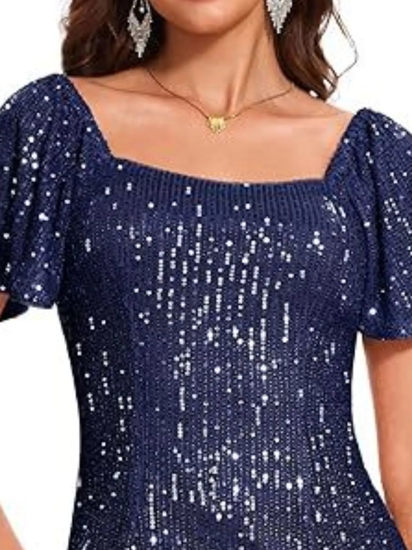 Square Neck Sequin Short Sleeve Blouse OutfitFlow