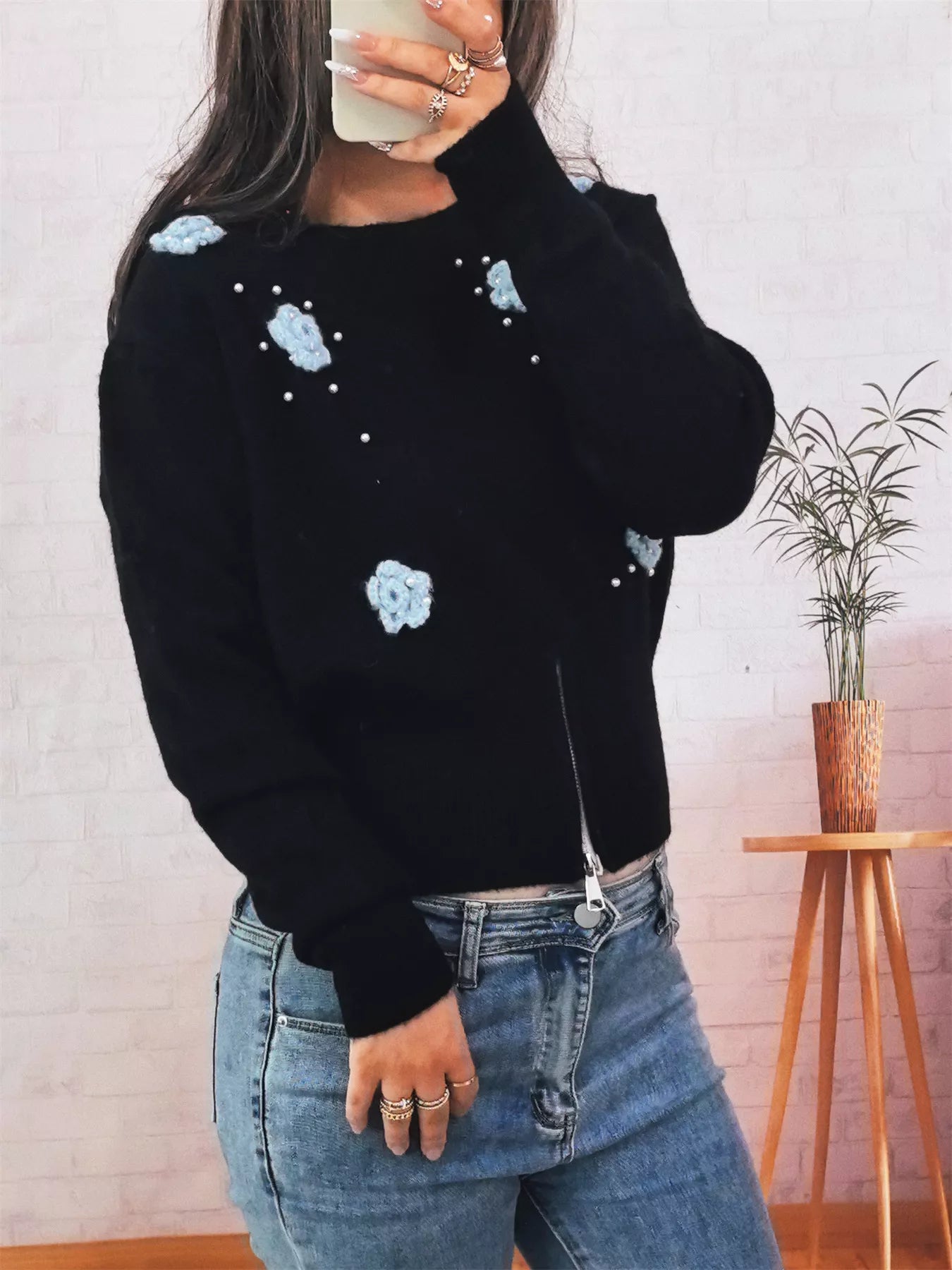 Flower Pearl Detail Ribbed Hem Sweater OutfitFlow
