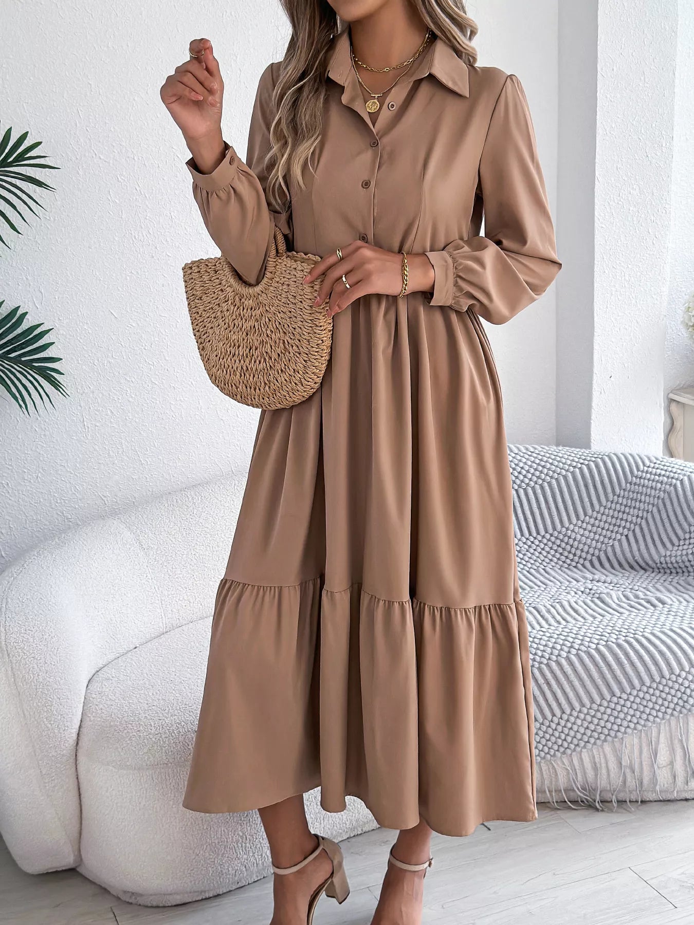 Long Sleeve Tiered Button Front Midi Dress OutfitFlow
