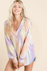 BiBi Tie Dye French Terry V-Neck Top with Puff Sleeves OutfitFlow