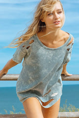 BiBi Laser Cut Mineral Washed Loose Fit Thermal Top OutfitFlow