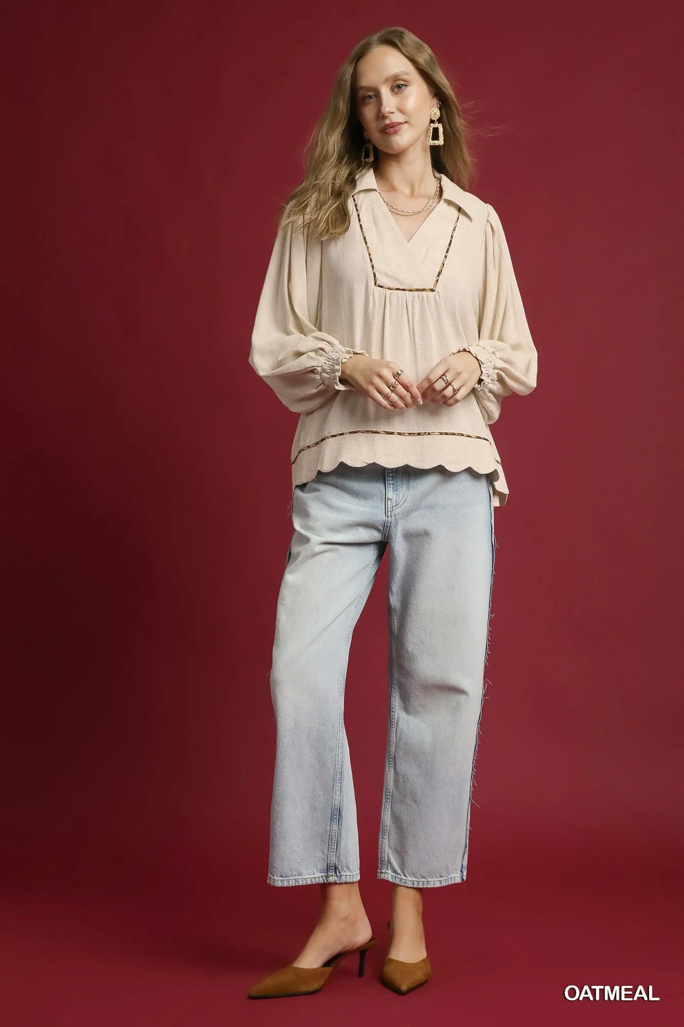 Umgee Full Size Linen Scallop Hem Blouse with Contrast Trim Plus Size Trendsi