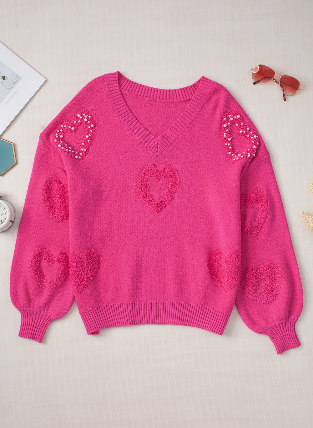 Outfit Flow - Pearl Trim Heart V-Neck Sweater