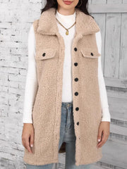 Button Up Teddy Vest Coat Tan Trendsi