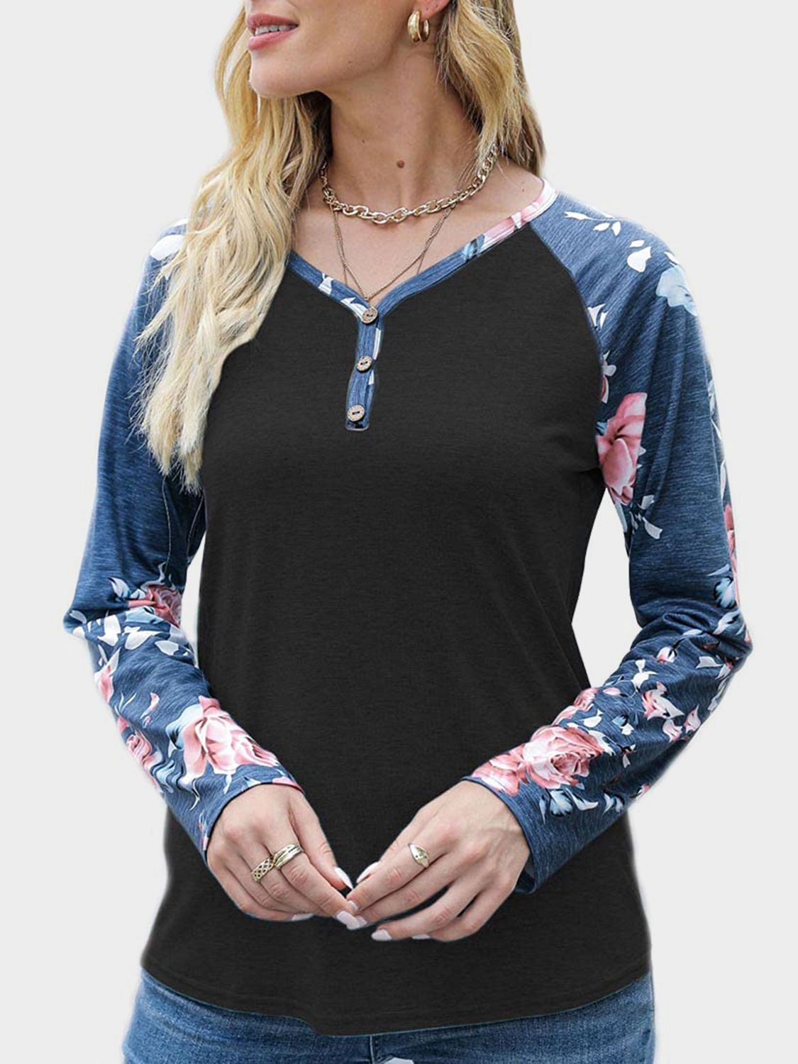 Outfit Flow - V-Neck Floral Long Sleeve T-Shirt