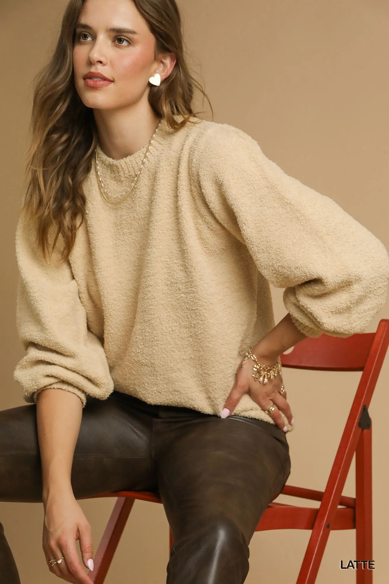 Umgee Textured Long Sleeve Sweater with Ribbed Trim Trendsi