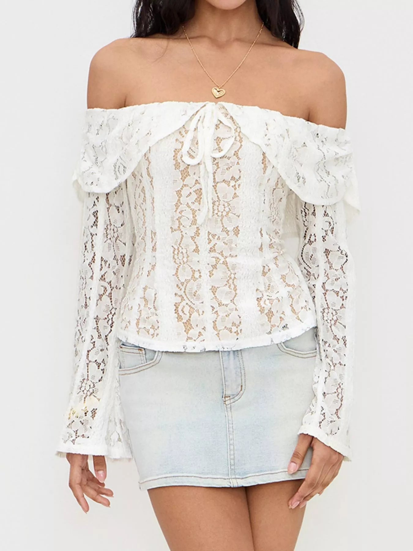 Off-Shoulder Lace Top with Bell Sleeves OutfitFlow