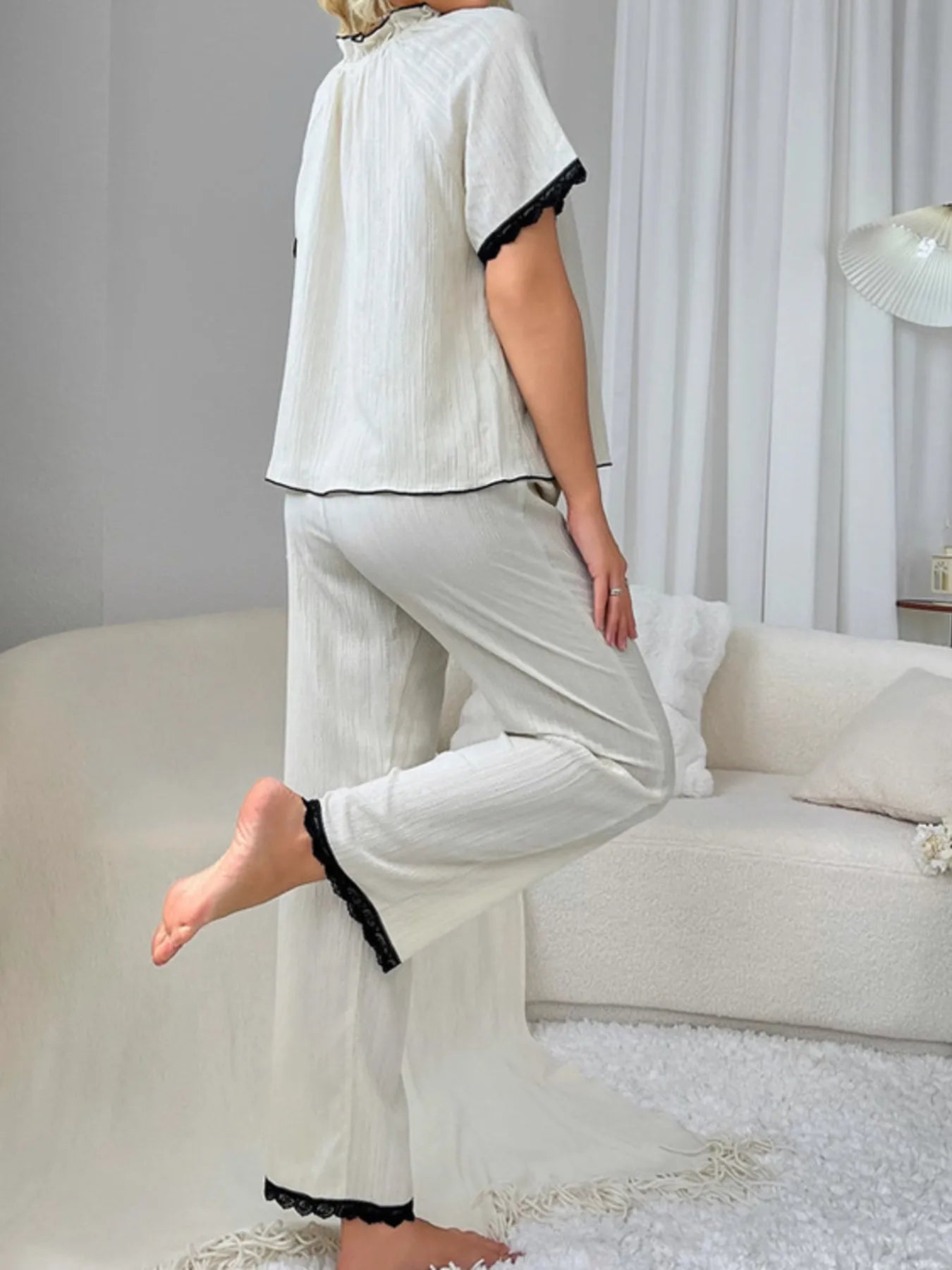 Contrast Trim Short Sleeve Top and Pants Set OutfitFlow
