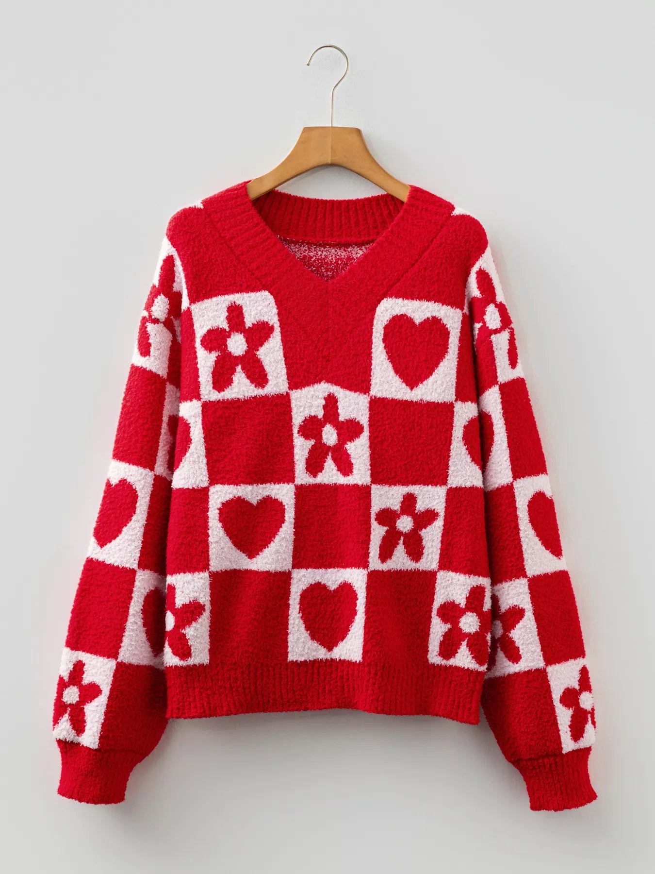 Floral Heart Checkered V-Neck Sweater OutfitFlow