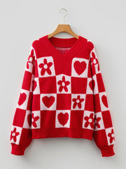 Floral Heart Checkered V-Neck Sweater OutfitFlow