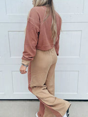 Color Block Long Sleeve Crop Top Drawstring Pant Set OutfitFlow