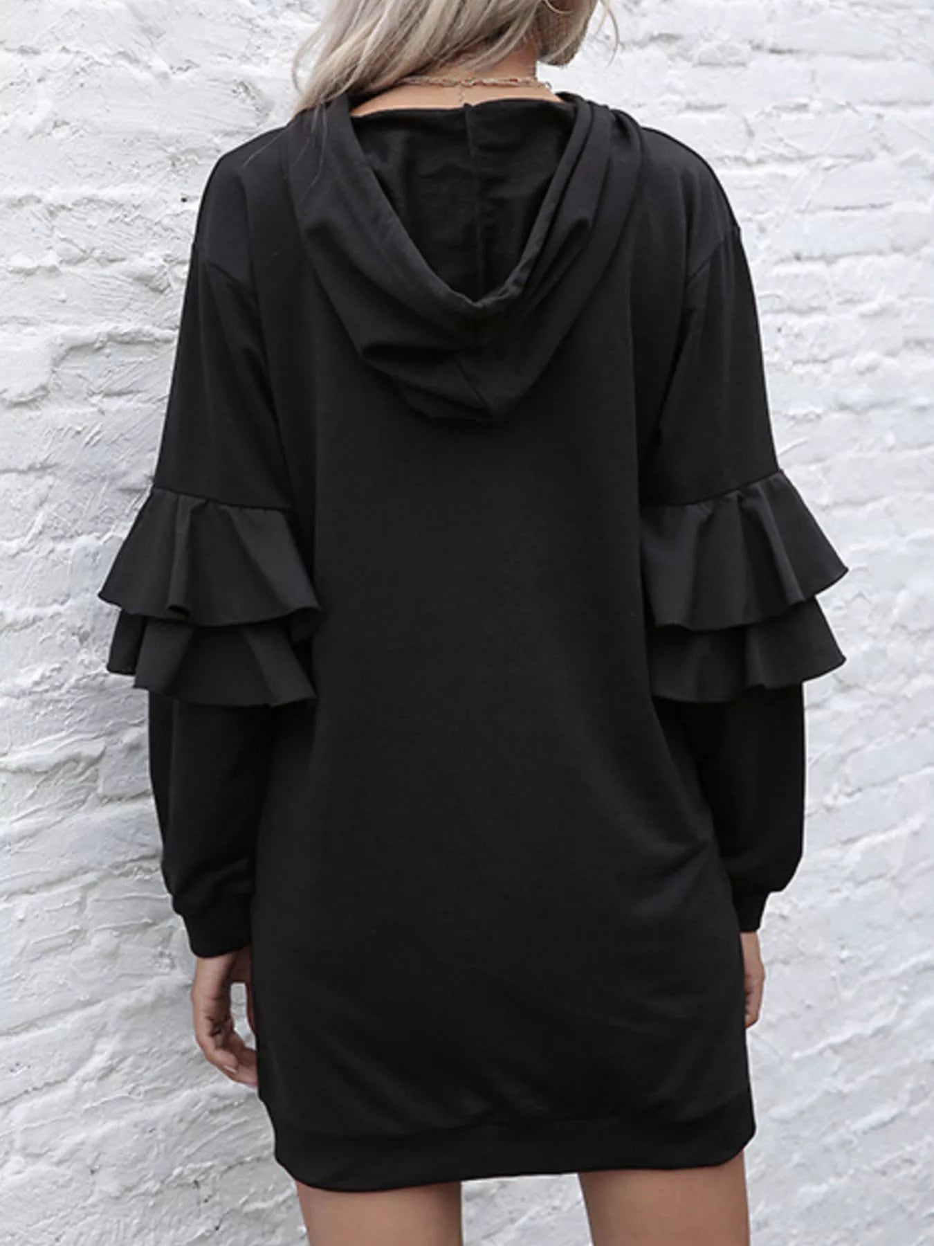 Ruffled Drawstring Long Sleeve Hooded Dress OutfitFlow