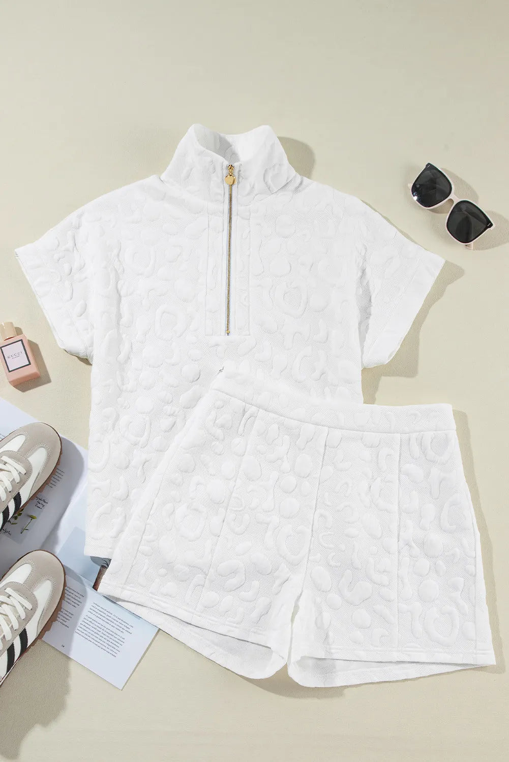 Outfit Flow - Half Zip Short Sleeve Top and Shorts Set